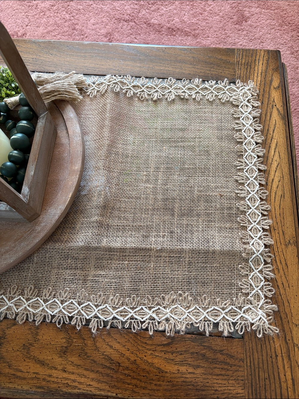 Beige Textured Linen Table Runner with Decorative Trim